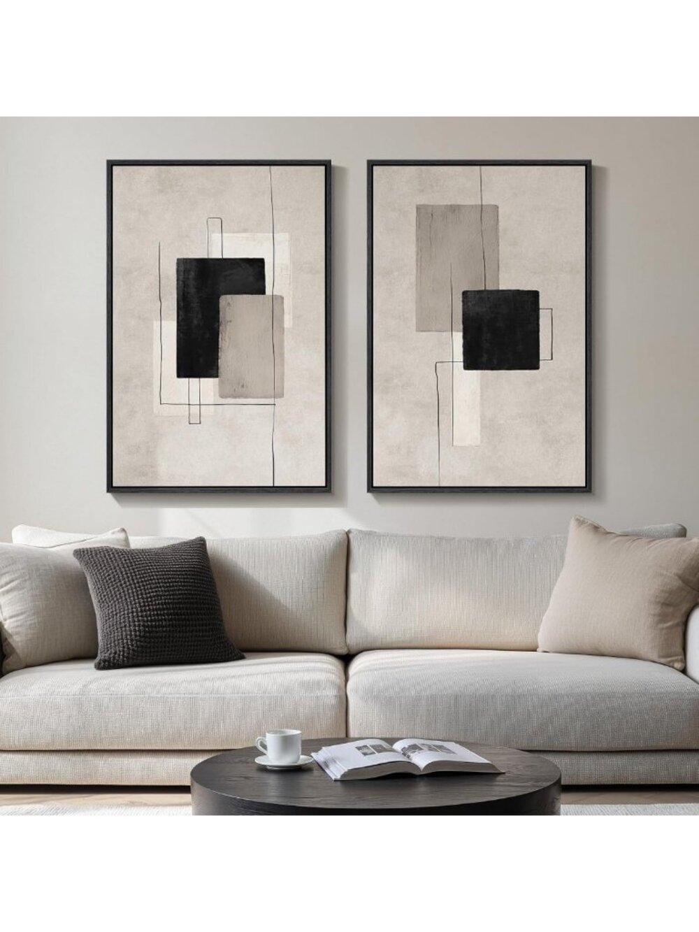 Set of 2 Large Neutral Abstract Wall Art Prints - Black & Beige Decor, 20x30 In